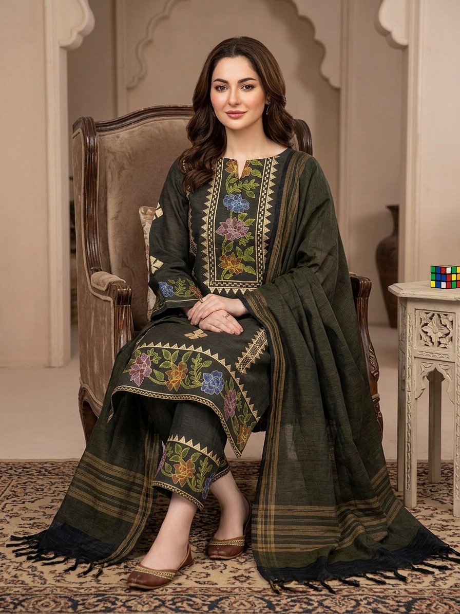 Women’s Slub Khaddar 3-Piece Winter Formal Dress